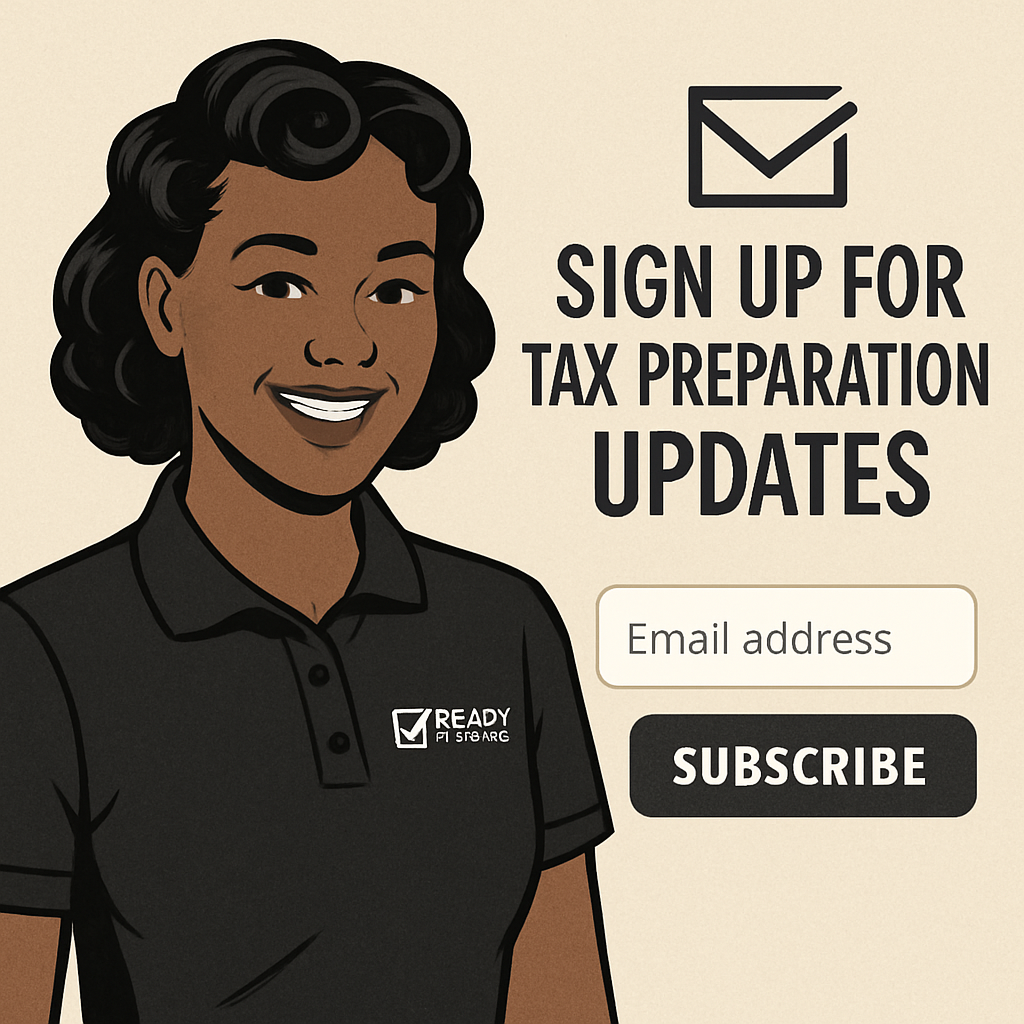 Newsletter signup illustration for tax preparation updates using an African American woman wearing a black polo shirt with the Ready Tax Solutions log-1